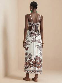 Vesra Apricot Coconut Tree Print Backless Tie Strap Dress For Women - Apricot - View 2