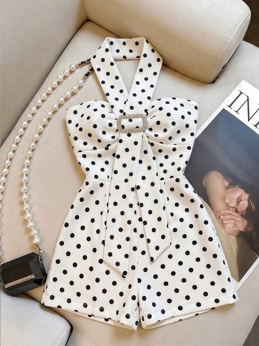 GlowEve Elegant Polka Dot Print Backless Halter Romper - Black and White - View 1
