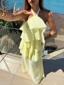 Aloruh 女士春夏新款优雅浪漫时尚波西米亚风度假约会荷叶边吊带连衣裙，黄色 - 黃色 - 查看 5