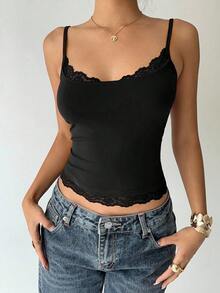 Aloruh Women's Solid Color Lace Patchwork Versatile Camisole, Summer With Padded Bra, Top, ,Black Crop Women, Basic - Black - View 7