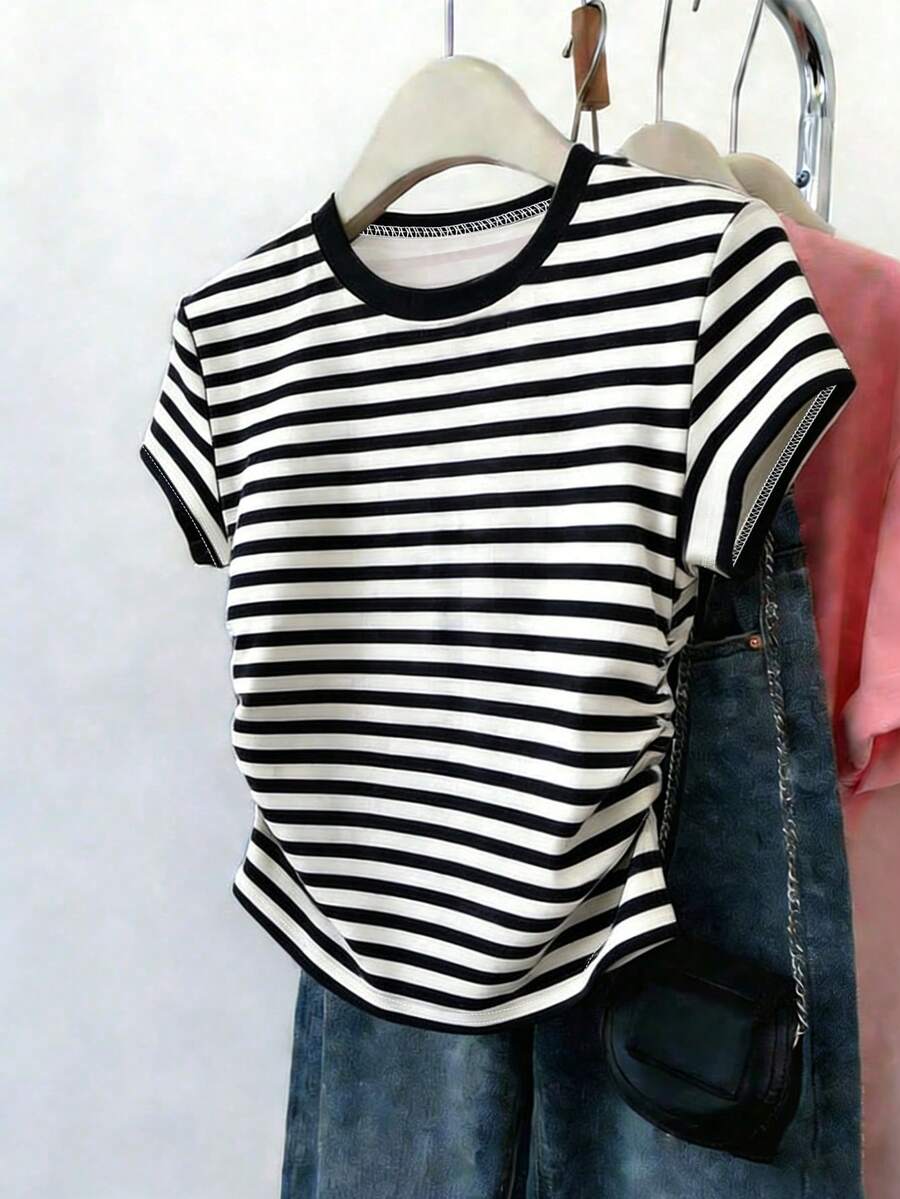 Tween Girls Classic Black And White Striped Round Neck Side Ruched Fitted Short Sleeve T-Shirt,Casual Summer School Back To School Essential Tee - White - View 1