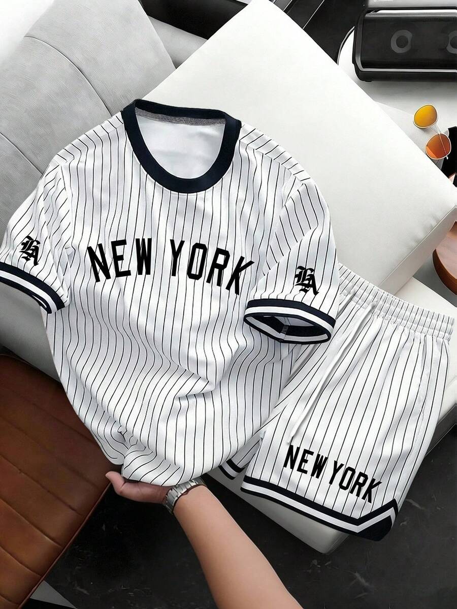 Chillumni Bộ áo thun ngắn tay cổ tròn kẻ sọc mùa hè dáng casual - Nhiều màu - Xem 1