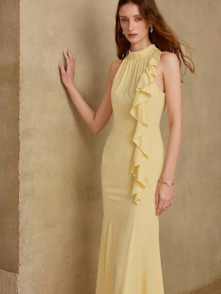 WOMEN'S SLEEVELESS RUFFLE TRIM DRESS