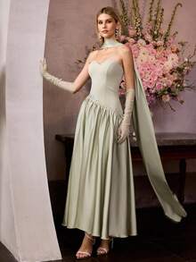 MOTF Soiréza ELEGANT STRAPLESS PARTY GOWN FOR WOMEN WITH DETACHABLE TIE & SLEEVES, WAIST RHINESTONE EMBELLISHMENTS FLARED DRESS FOR NEW YEAR, VALENTINE'S DAY, FORMAL PARTIES, GALAS, WEDDINGS & CELEBRATIONS - Green - View 6