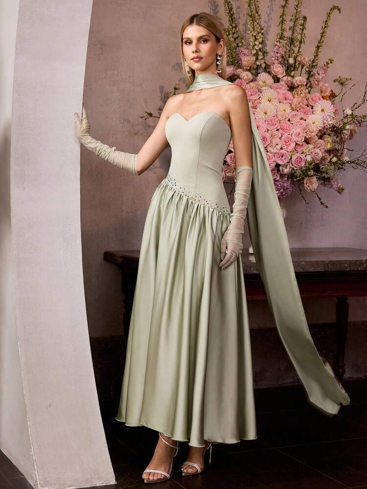 MOTF Soiréza ELEGANT STRAPLESS PARTY GOWN FOR WOMEN WITH DETACHABLE TIE & SLEEVES, WAIST RHINESTONE EMBELLISHMENTS FLARED DRESS FOR NEW YEAR, VALENTINE'S DAY, FORMAL PARTIES, GALAS, WEDDINGS & CELEBRATIONS