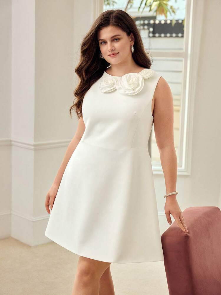 PLUS SIZE SLEEVELESS WOVEN STEREO FLORAL DRESS