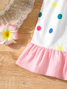 SHEIN Playful Pals 女婴休闲可爱彩色波点印花梭织连衣裙，夏季韩版 - 彩色 - 查看 6