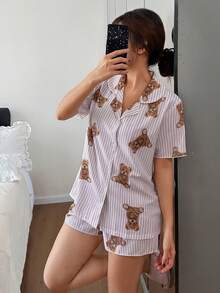 Napfluff Conjunto de pijama de pantalón corto y blusa de manga corta con botones con estampado de oso lindo para mujer - Rosa - Ver 5