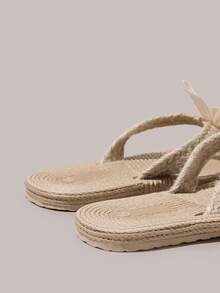 Styleloop Women's Flat Sandals, Summer Open-Toed Hemp Rope Woven Sandals, Rhinestone Shiny Bohemian Vacation Shoes, Roman Beach Sandals, Slippers Outside, Vacation Atmosphere, Summer Wear, Travel Essentials Summer Shoes - Khaki + White Sunflower - View 4