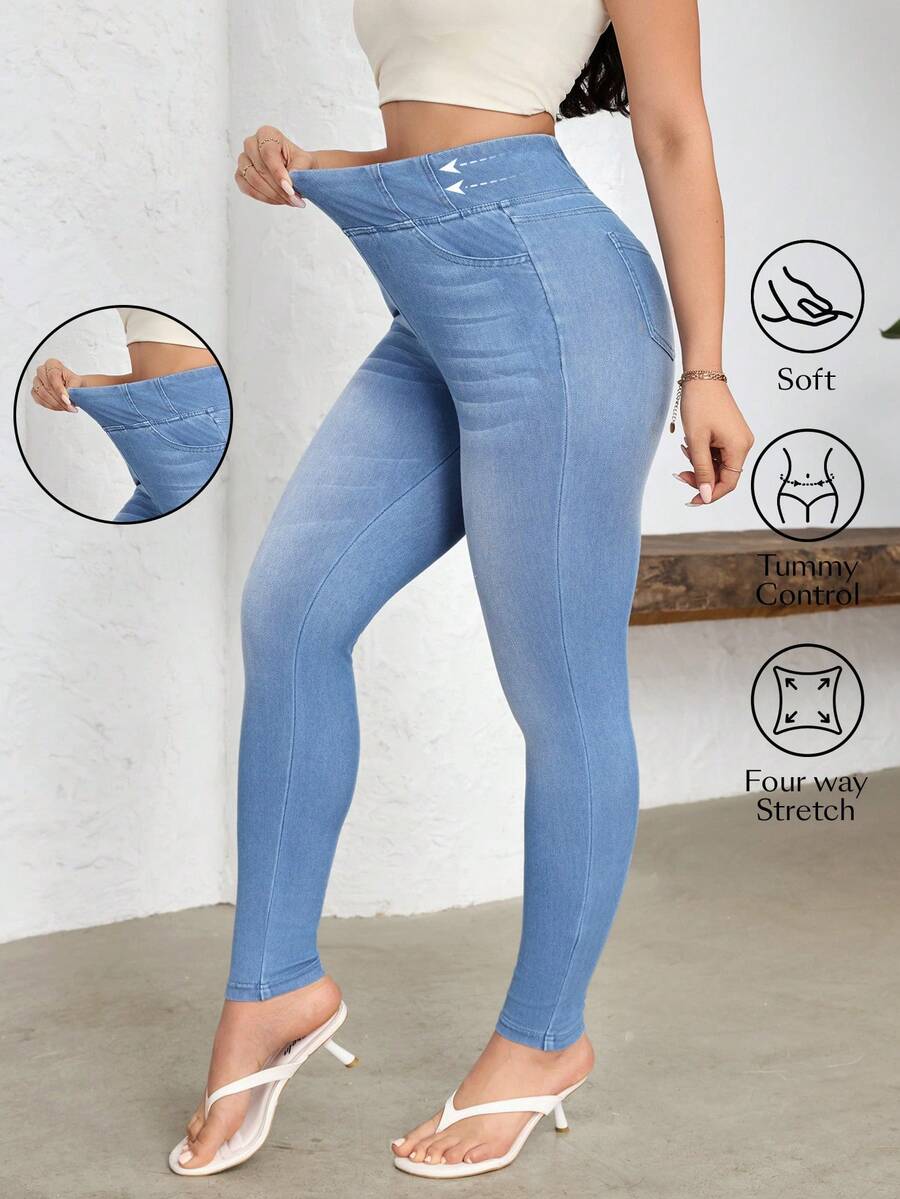 SHEIN Essnce Women's Fashionable Casual High-Stretch Skinny Jeans - Blue - View 1