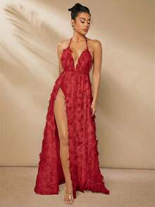 L'Amorae Women Feathered Backless M-Slit Thigh Halter Dress - Red - View 3