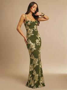 Fitted Strappy Dress With 3D Floral Print - Army Green - View 5