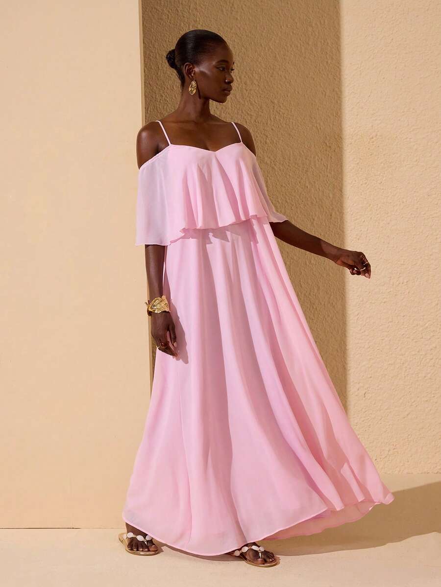 JIAN LASALA Chiffon Off-Shoulder Spaghetti Strap Backless Layered Bohemian Style Maxi Dress - Pink - View 1