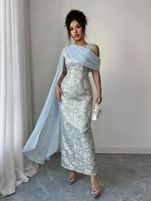 Elenzga Đầm maxi nữ mùa hè bán chạy nhất với chất liệu jacquard vàng óng ánh, kiểu dáng thanh lịch, kết hợp cùng khăn choàng chiffon, thích hợp cho các buổi tiệc, mua sắm, sự kiện và nhiều dịp khác. - Màu xanh lam - Xem 5