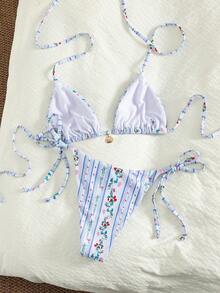 Swim Mod Nuevo bikini de estilo floral del campo francés para el verano, traje de baño de dos piezas sexy con cuello de halter y lazos - Multicolor - Ver 2
