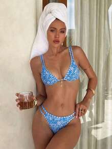 Swim Mod 2pcs/Set New Ditsy Floral Halter Sexy Bikini Swimsuit Set For Women Women Vacation Outfit Sets - Multicolor - View 1