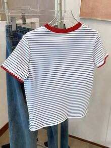 Tween-Mädchen 1 Stück T-Shirt mit Farbblock und Streifen, kurze Ärmel, bestickter Kragen Dekor, lässiges Grafik-Shirt, vielseitiger Stil geeignet für Frühling, Sommer, Lässig, Reisen - Verschiedenfarbig - Übersicht 2