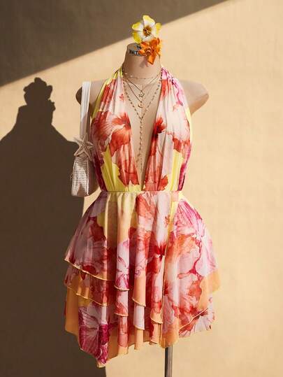 SHEIN ICON Đầm cổ yếm dáng suông bất đối xứng in hoa dành cho nữ cỡ lớn