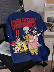 SpongeBob SquarePants | SHEIN Áo thun ngắn tay cổ tròn in chữ và hoạt hình dành cho bé trai tuổi teen - trắng - Xem 2