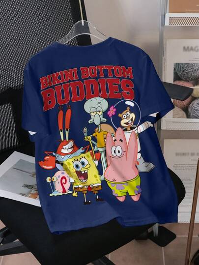 SpongeBob SquarePants | SHEIN 青少年男孩字母卡通印花圆领短袖T恤