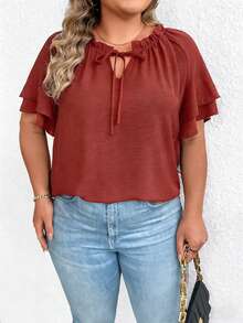 EMERY ROSE Plus Size Women Summer Casual Vacation Daily Commute Solid Color Knot Cutout Neck Layered Flutter Sleeve Loose Top - Rust Brown - View 3