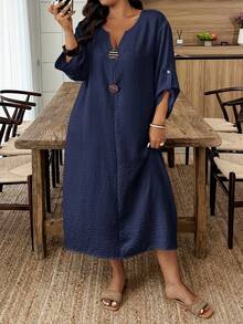 Breezaya Plus Size Casual Solid Color Dress Fall - Navy Blue - View 6