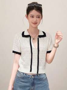 INAWLY Korean Style Black & White Contrast Hollow Knit Polo Shirt For Women, Summer V-Neck Tie-Up Loose Short Sleeve Comfortable Casual Commute Cropped Top - White - View 5