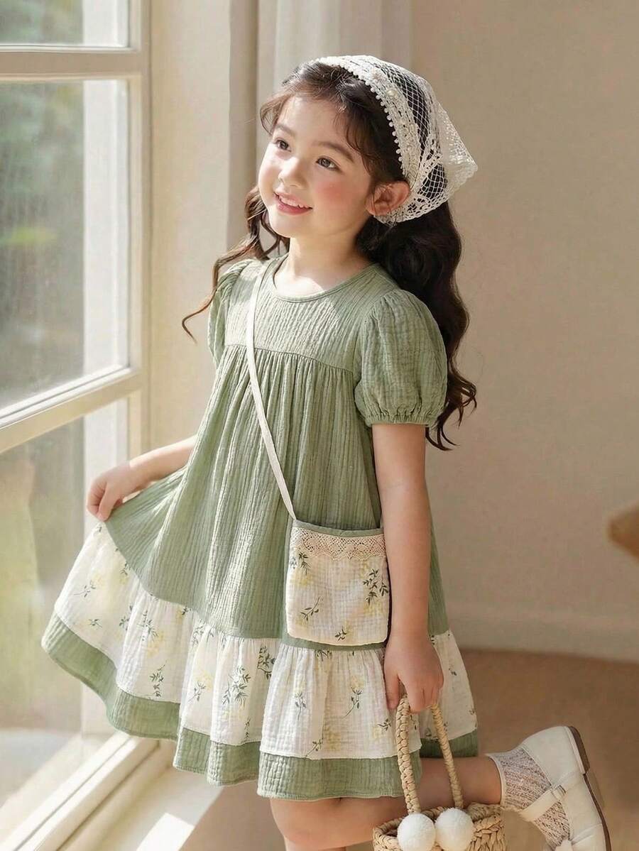 Souflis Souflis 1件女童夏季新款圆领短袖宽松下摆碎花印花撞色荷叶边绿色连衣裙 + 可爱斜挎包 - 綠色 - 查看 1