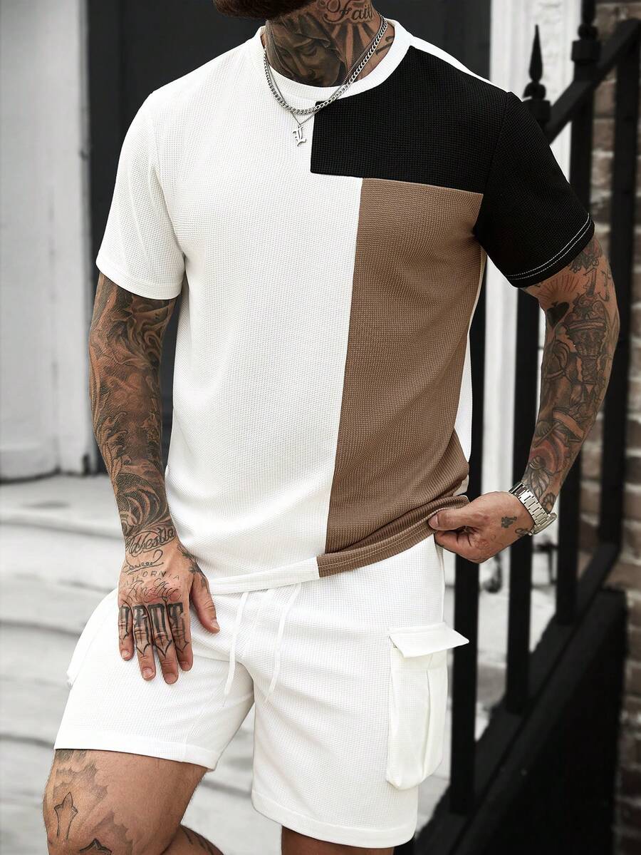 Manfinity Homme Men's Contrast Color Round Neck Short Sleeve T-Shirt And Shorts Casual Set - Multicolor - View 1