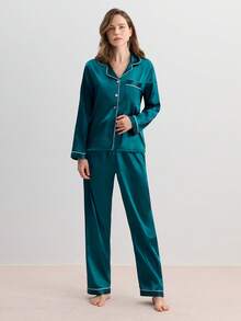 Hourtrue Ensemble de pyjama femme avec col contrasté et manches longues, vêtements d'automne et d'hiver - Bleu canard - Voir 3