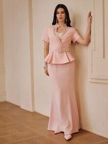 ZEYLAH Spring/Summer Beaded Lapel Short Sleeve Jacket & Mermaid Hem Skirt Elegant 2 Pieces Set - Pink - View 2