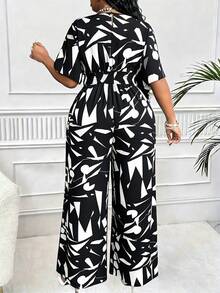 Maweii Bộ jumpsuit ống rộng in họa tiết toàn thân cổ chữ V tay cánh dơi, eo thon, phong cách nghỉ dưỡng thời trang và thanh lịch dành cho nữ cỡ lớn. - Đen và trắng - Xem 2