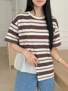 DAZY 女士条纹圆领短袖不对称下摆休闲T恤图案T恤 夏季 - 杏色 - 查看 2