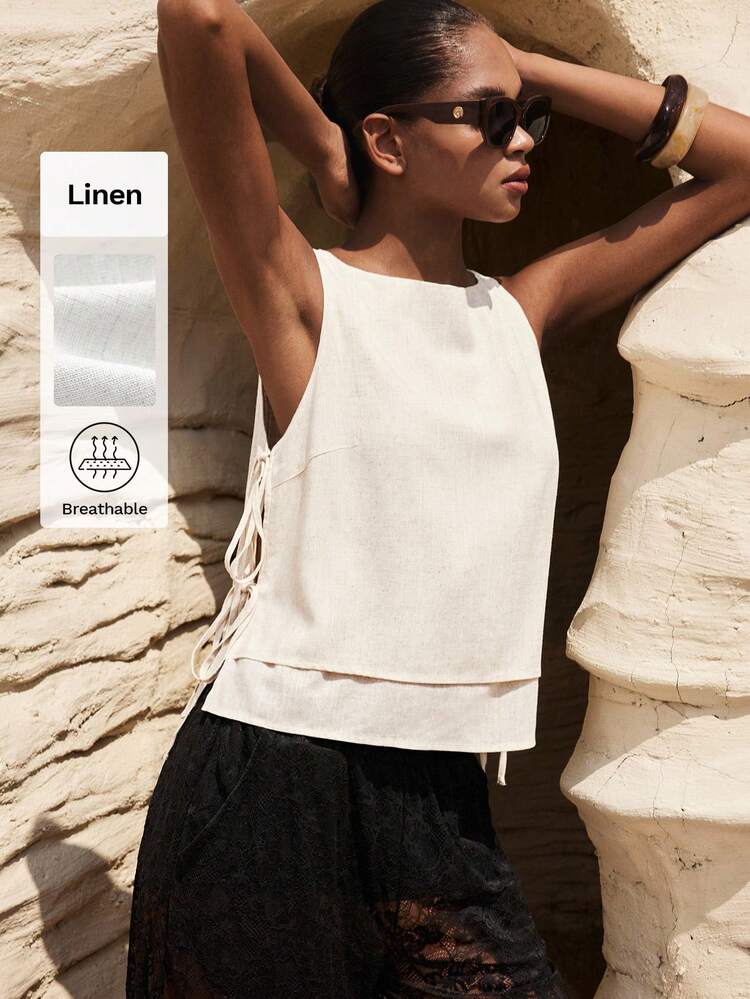 SHEIN Maija Women's Casual Side Tie Round Neck Loose Tank Top, Summer Outfits ,Festival ,Beach Outfit For Women,Holiday Women,Country Concert