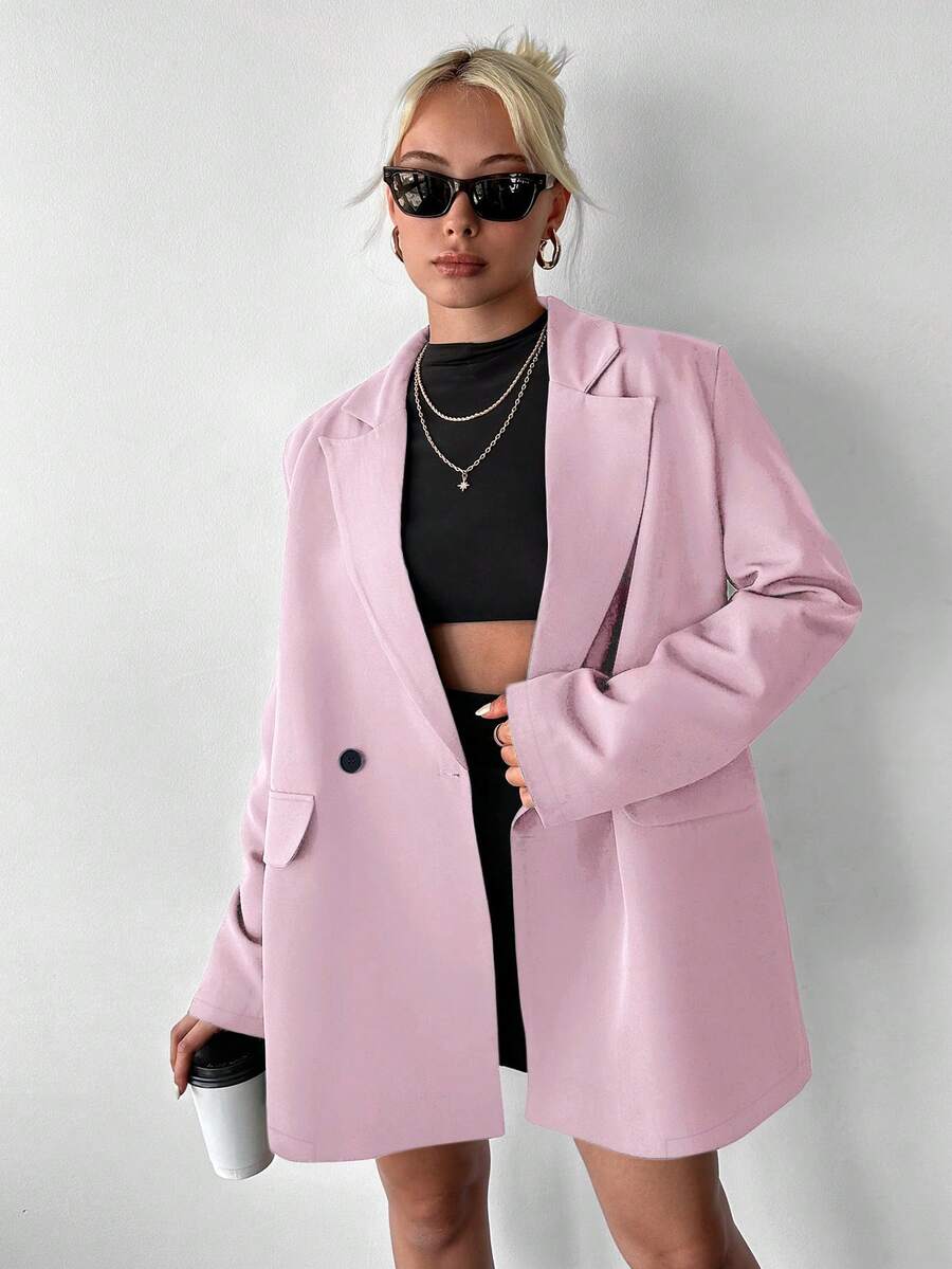 Ritzy Row Blazer Wanita Kasual Ukuran Besar dengan Bantalan Bahu, Panjang Sedang, Kancing Ganda - Baby Pink - View 1