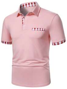 Calvornis Men's Plaid Patchwork Short Sleeve Casual Commuter Polo Shirt - Pink - View 3