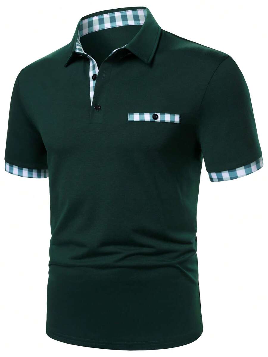 Calvornis Men's Plaid Patchwork Button Half Placket Polo Shirt, Suitable For Work And Home, Formal - Green - View 1