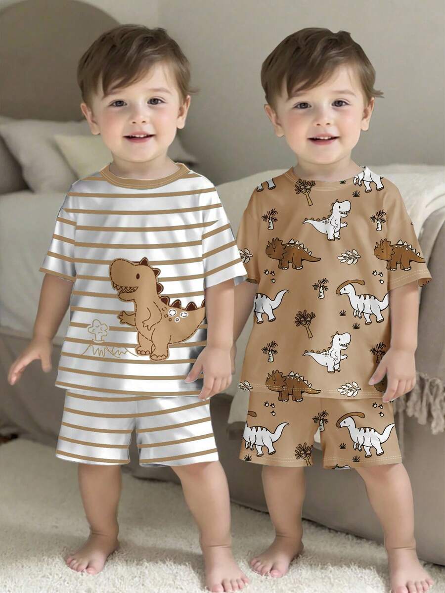 2pcs/Set Pastel Cartoon Dinosaur Print Loose Casual Pajamas, Suitable For Summer, Baby Boy Home Outfit - White - View 1