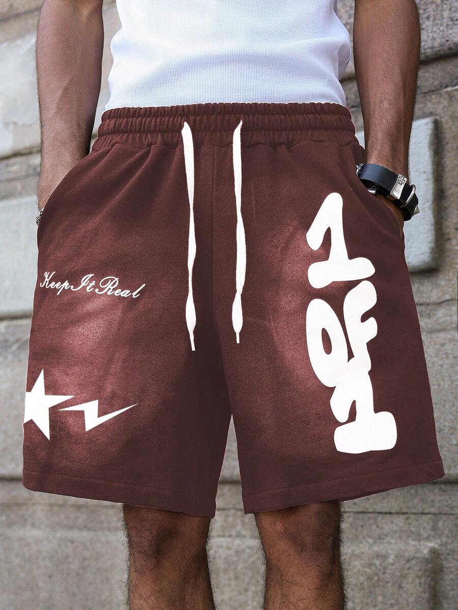 PAVTROS Pantalones cortos casuales con estampado de bloques de color para hombres jóvenes - Burdeos - Ver 1