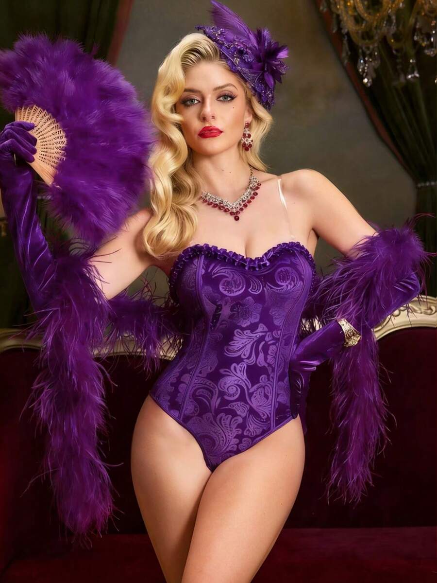 PinupPomp Crimson Jacquard Heart Bandeau Jumpsuit, Velvet Ruffle Craftsmanship - Purple - View 1