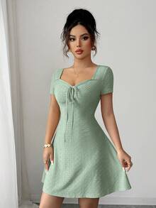 Elenzga Đầm mini mùa hè mới, chất liệu jacquard dệt kim, màu kem bơ, kiểu dáng gợi cảm, ôm sát, thắt nơ phía trước dành cho nữ. - màu xanh lá - Xem 4