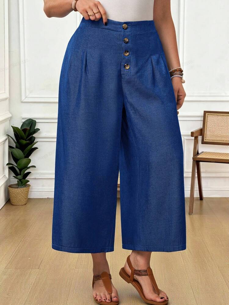 Plus Size Women's Summer Casual Vacation Country Solid Color Faux Denim Blue Cropped Pants With Pockets, Spring/Summer,Summer\Vacation,Summer Holiday,Spring Break Outfits ,Vacation Outfits Women ,Holiday Outfits For Women,Going Out Outfits,2026 New Clothes,Simple And Fashionable For Everyday Wear,Suitable For Summer, Vacation, Daily Wear
