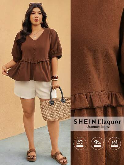 Elaquor Áo kiểu nữ cỡ lớn cổ chữ V xếp ly, tay ngắn, kiểu dáng thường ngày, đa năng.