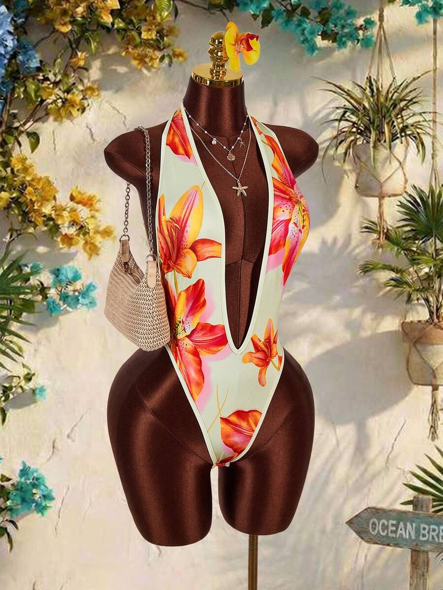 Amplova Áo liền thân nữ gợi cảm in hoa, cổ chữ V khoét sâu, hở lưng, thích hợp cho kỳ nghỉ hè. - Màu vàng - Xem 1