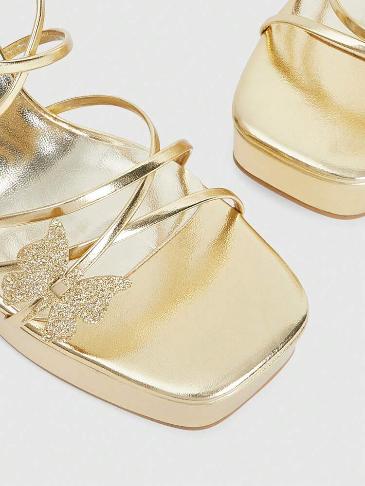 CUCCOO LuxiPop Women Shoes Gold Metal PU Color Scheme Butterfly Decoration Thin Strip Fashion Sexy Gorgeous Thick Heel Water Table High Heel Sandals