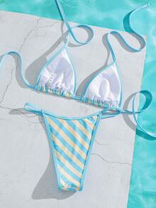 Bộ 2 món bikini tam giác buộc dây cổ, họa tiết sọc ngẫu nhiên, gợi cảm, thanh lịch, thích hợp cho bãi biển và tiệc bể bơi. - Nhiều màu - Xem 5