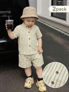 SHEIN Playful Pals 2pack Toddler Boy Beige Summer Casual City Break Outfit Set,Kids Vintage Old Money Vertical Stripe Button Down Shirt & Shorts,Quiet Luxury Beach Wear - Khaki - View 1