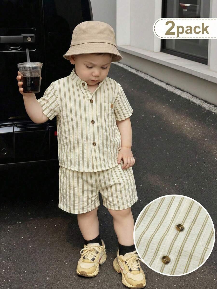 SHEIN Playful Pals 2pack Toddler Boy Beige Summer Casual City Break Outfit Set,Kids Vintage Old Money Vertical Stripe Button Down Shirt & Shorts,Quiet Luxury Beach Wear - Khaki - View 1