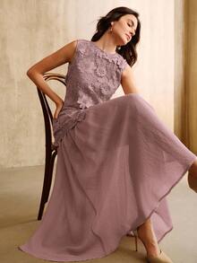 Anewsta Elegant Holiday Water-Soluble Hollow Floral Patchwork Mesh Dress With Flared Hem, Khaki, Spring/Summer - Purple - View 3