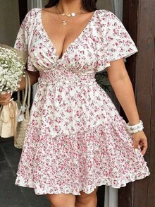 Sunnyshic Plus Size Casual Patchwork Contrast Ditsy Floral Dress - Beige - View 6
